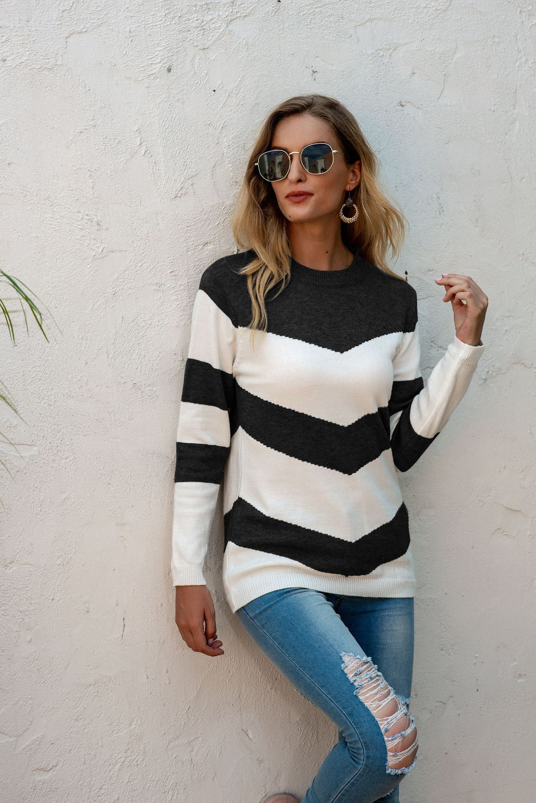 Damen modischer Pulli mit Chevron-Muster und Rundhalsausschnitt Drune