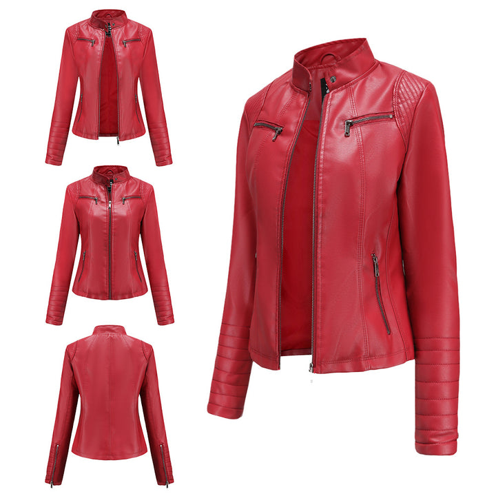 Damen nan taillierte Bikerjacke aus Kunstleder mit Stehkragen und gesteppter Ärmelpartie Drune