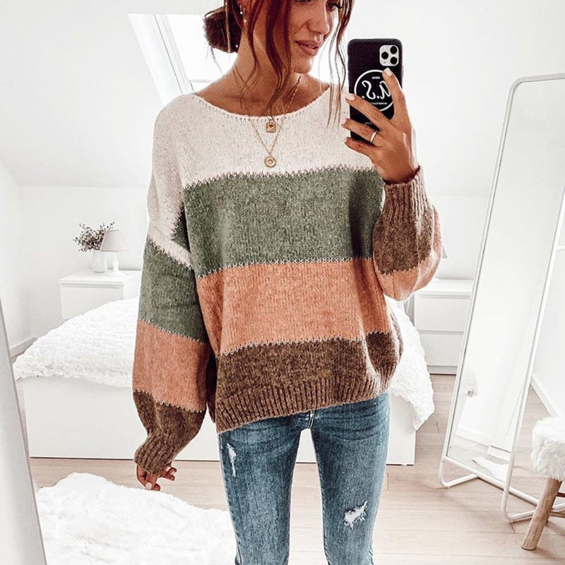 Damen Großer Strickpullover mit breitem Rundhalsausschnitt und kontrastierenden Blockstreifen Drune