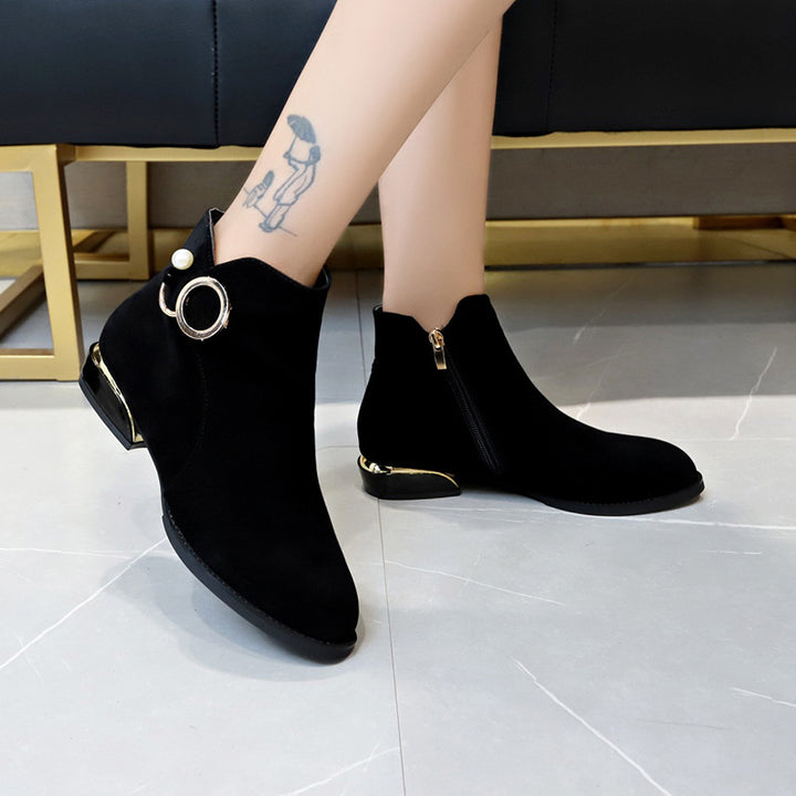 Damen nan knöchelstiefel aus Veloursimitat mit seitlichem Reißverschluss goldener Absatzkante und Perlenring Drune