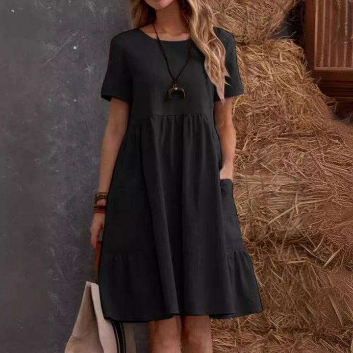 Drune | Lose Tasche einfarbig Rundhalsausschnitt Kleid