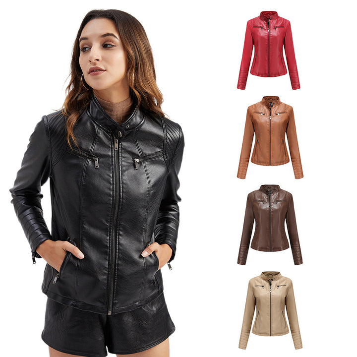 Damen nan taillierte Bikerjacke aus Kunstleder mit Stehkragen und gesteppter Ärmelpartie Drune