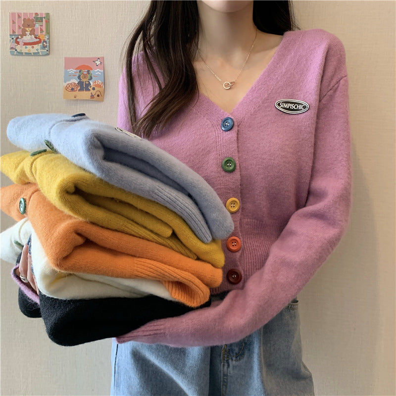 Damen Strickjacke mit bunten Knöpfen und V-Ausschnitt Drune