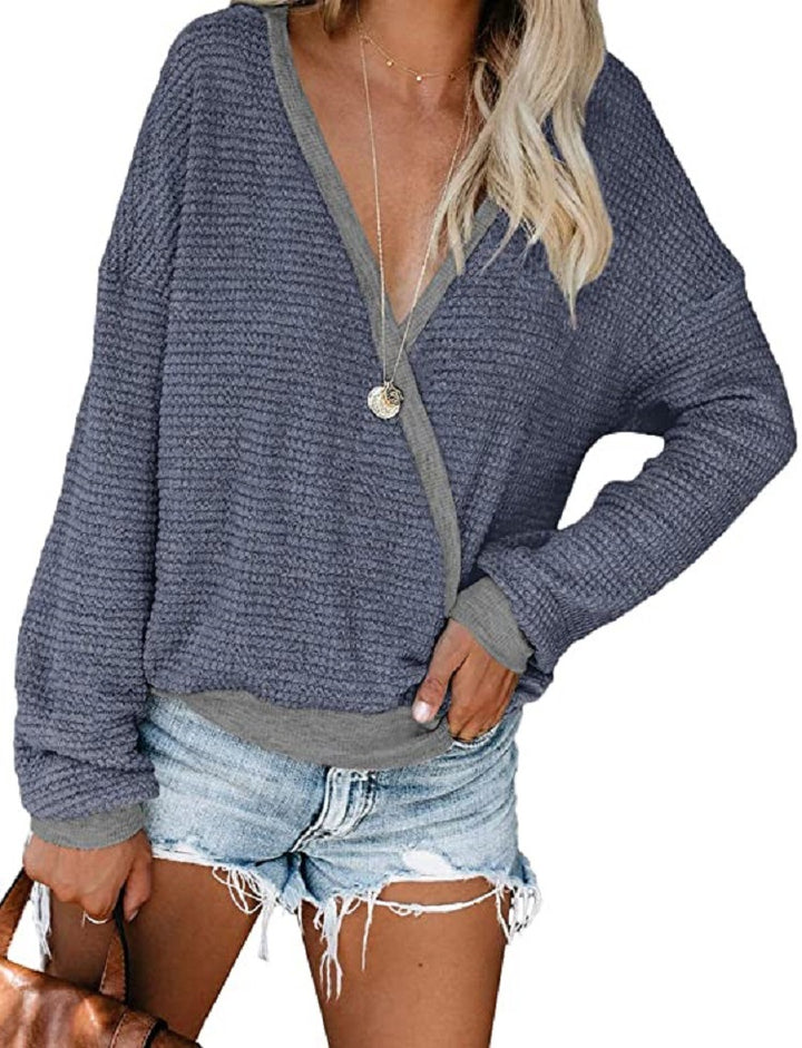 Damen lässiger Pullover mit tiefem V-Ausschnitt und lockerer Passform Drune