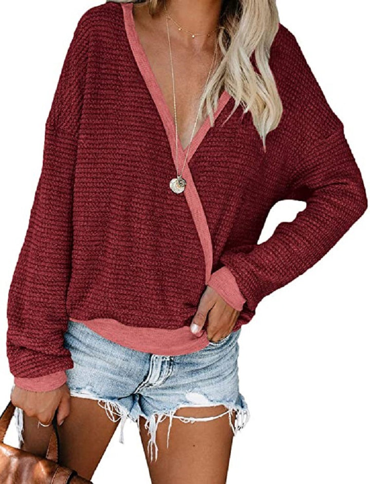 Damen lässiger Pullover mit tiefem V-Ausschnitt und lockerer Passform Drune