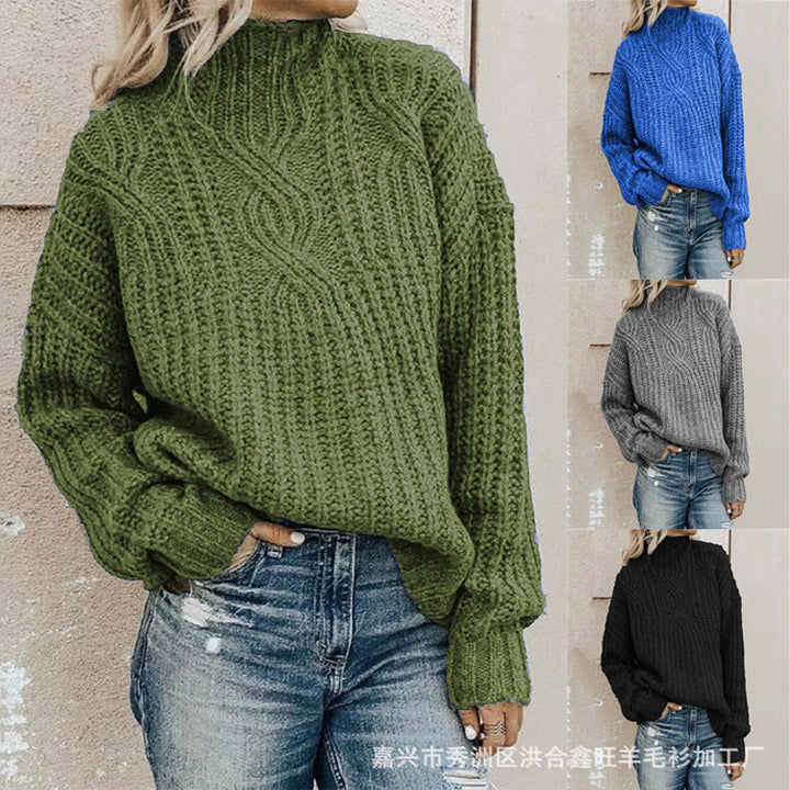 Damen Grober Strickpullover mit hohem Kragen und Zopfmuster Drune