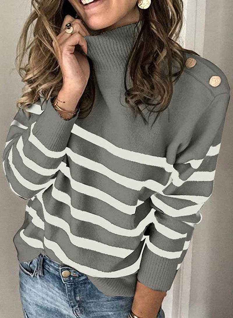 Damen Hochgeschlossen Pullover mit Streifenmuster und dekorativen Knöpfen Drune