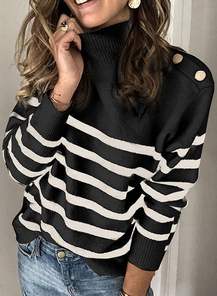 Damen Hochgeschlossen Pullover mit Streifenmuster und dekorativen Knöpfen Drune