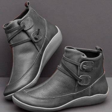 Damen nan knöchelhohe Freizeit-Stiefelette aus softem Lederimitat mit gepolstertem Komfortfußbett und dekorativen Klettriemen Drune