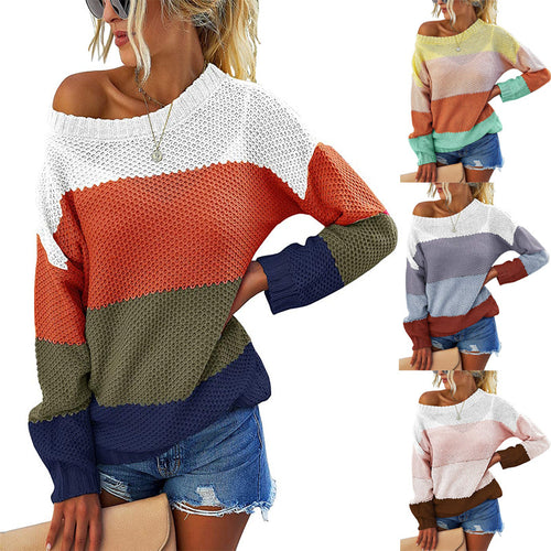Damen lässiger Blockstreifen Pullover mit weitem Ausschnitt und strukturiertem Gewebe Drune
