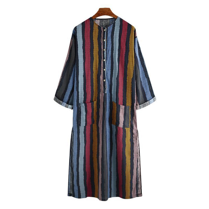 Herren nan bodenlanger gestreifter Leinenmix Kaftan mit Stehkragen und aufgesetzten Hüfttaschen Drune