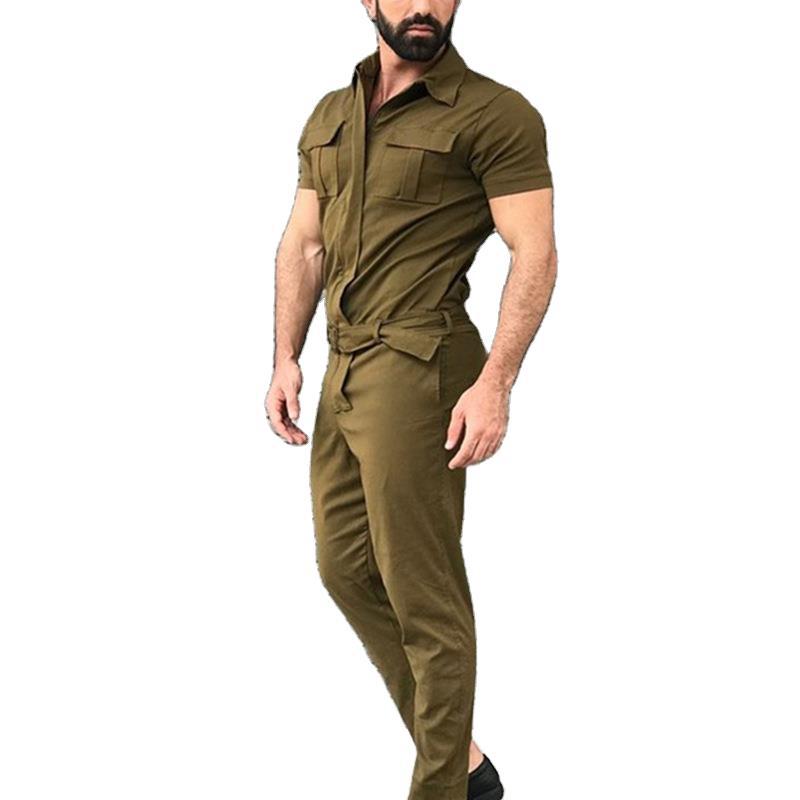 Herren nan Kurzarm-Arbeits-Overall mit Taillengürtel und Brusttaschen Drune