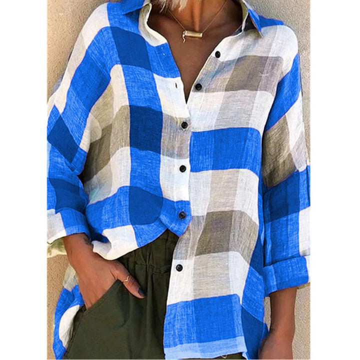 Damen nan oversized Leinenbluse mit großem Karo-Muster und legerem Hemdkragen Drune