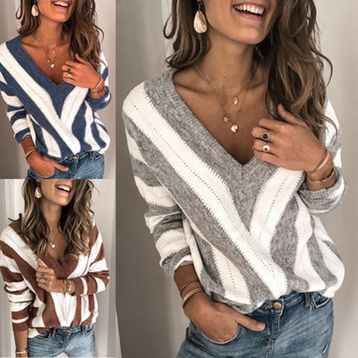 Damen V-Ausschnitt Pullover mit Wellenmuster Drune