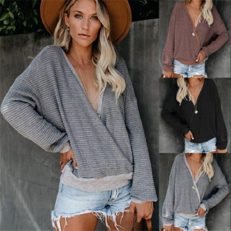 Damen lässiger Pullover mit tiefem V-Ausschnitt und lockerer Passform Drune