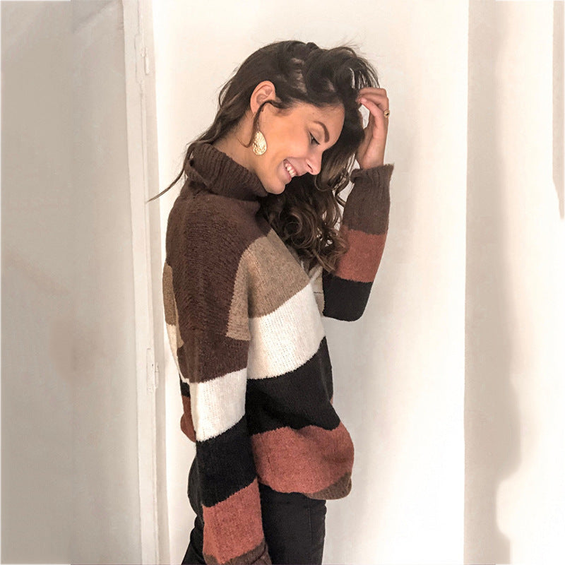 Damen Grobstrickpullover mit hohem Kragen und gestreiftem Design Drune