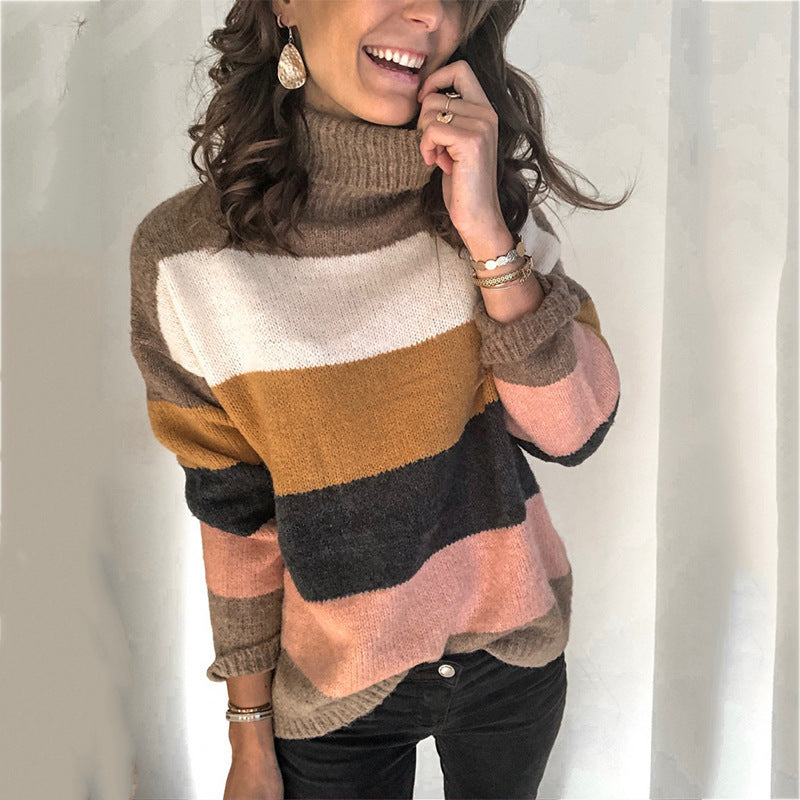 Damen Grobstrickpullover mit hohem Kragen und gestreiftem Design Drune