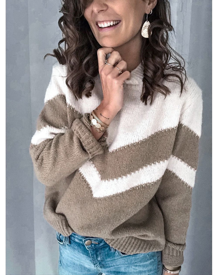 Damen Grobstrickpullover mit modernem Zickzackmuster und Stehkragen Drune