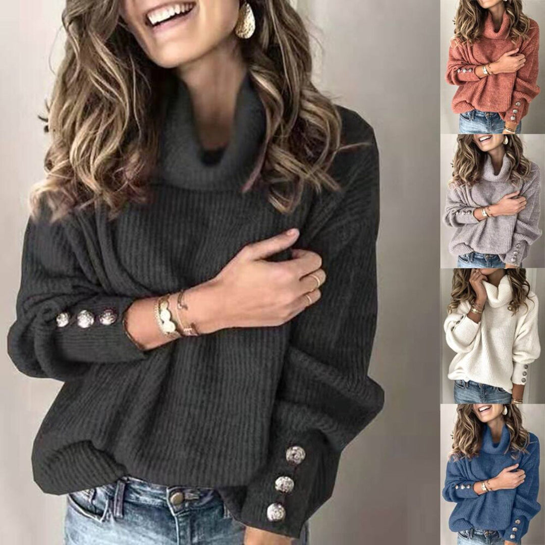 Damen Grobstrickpullover mit hohem Kragen und dekorativen Knopfdetails Drune