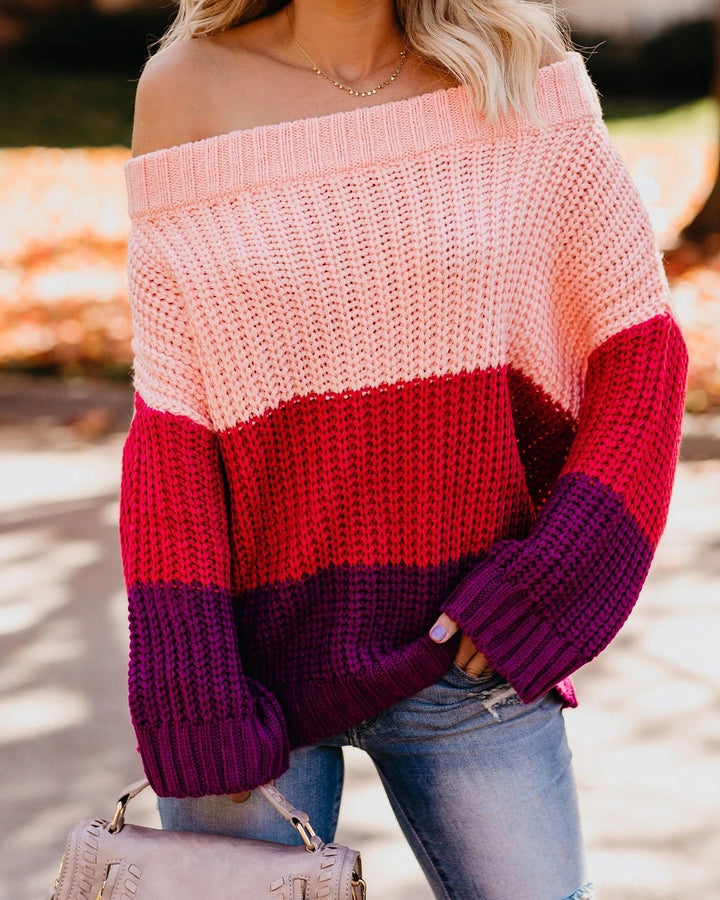 Damen lässiger Grobstrickpullover mit Off-Shoulder Design und dekorativer Farbkombination Drune