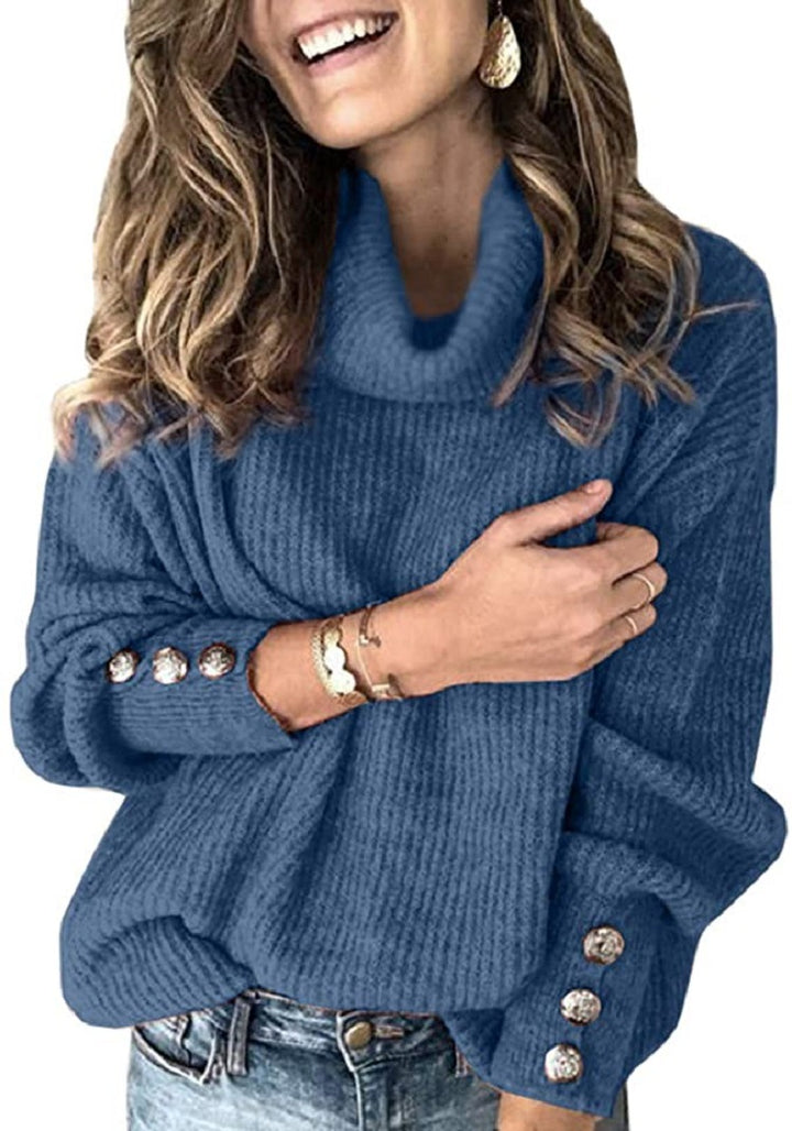 Damen Oversized Rollkragenpullover mit dekorativen Knöpfen Drune