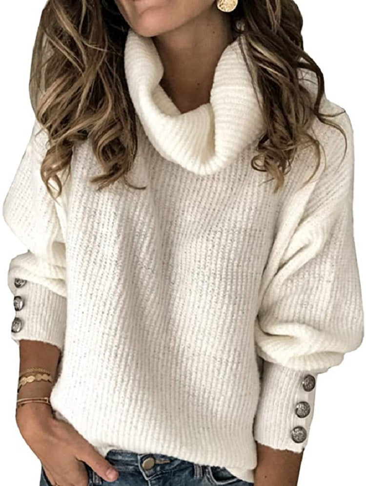 Damen Grobstrickpullover mit hohem Kragen und dekorativen Knopfdetails Drune