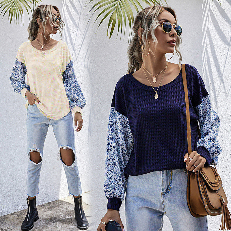 Damen lässiges Strickoberteil mit floralem Puffärmel-Design Drune