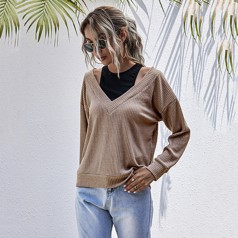 Damen lässiger Pullover mit V-Ausschnitt und strukturiertem Waffelmuster Drune