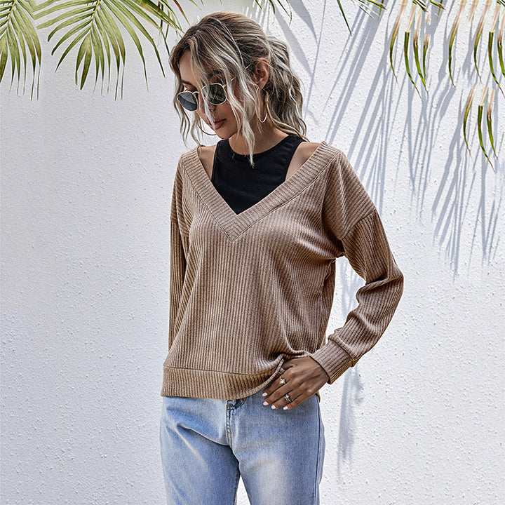 Damen lässiger Pullover mit V-Ausschnitt und strukturiertem Waffelmuster Drune