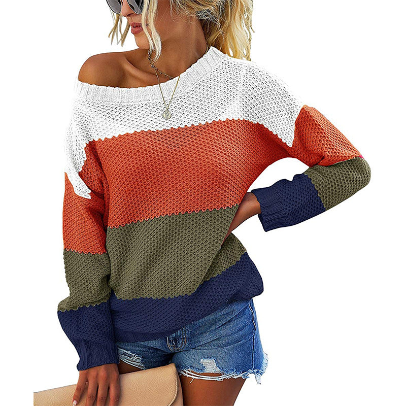 Damen lässiger Blockstreifen Pullover mit weitem Ausschnitt und strukturiertem Gewebe Drune