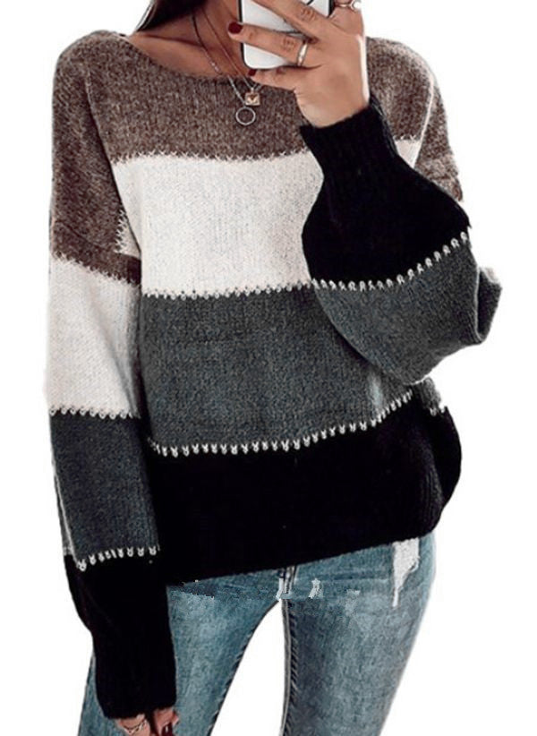 Damen Großer Strickpullover mit breitem Rundhalsausschnitt und kontrastierenden Blockstreifen Drune