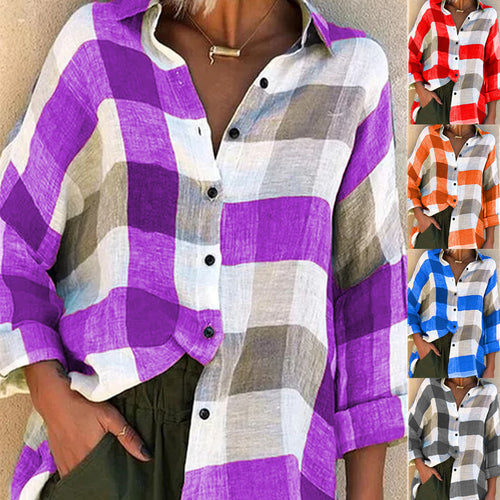 Damen nan oversized Leinenbluse mit großem Karo-Muster und legerem Hemdkragen Drune