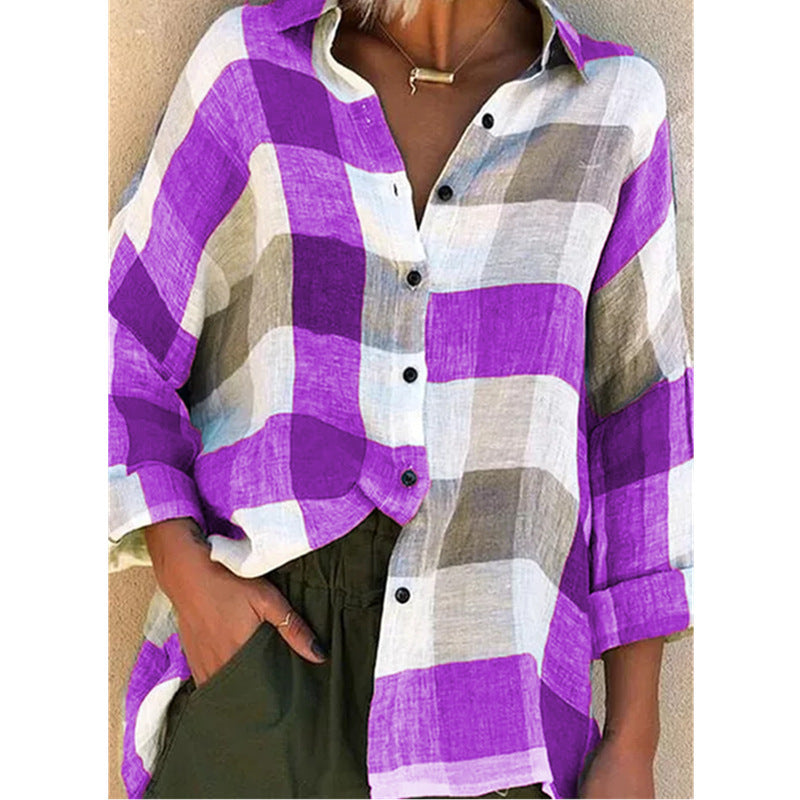 Damen nan oversized Leinenbluse mit großem Karo-Muster und legerem Hemdkragen Drune