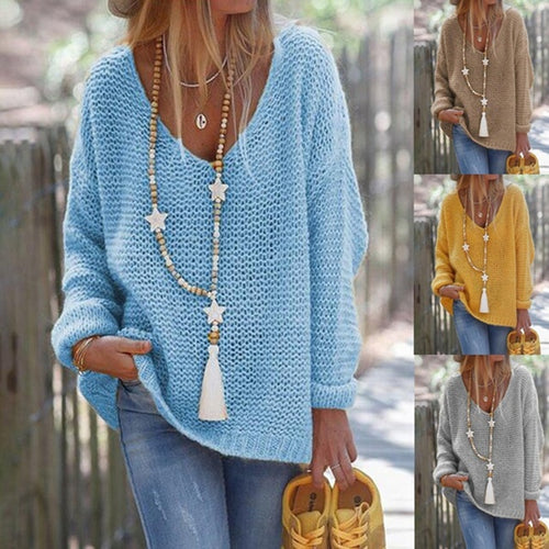 Damen Grobstrick Pullover mit weitem V-Ausschnitt und lässigem Schnitt Drune