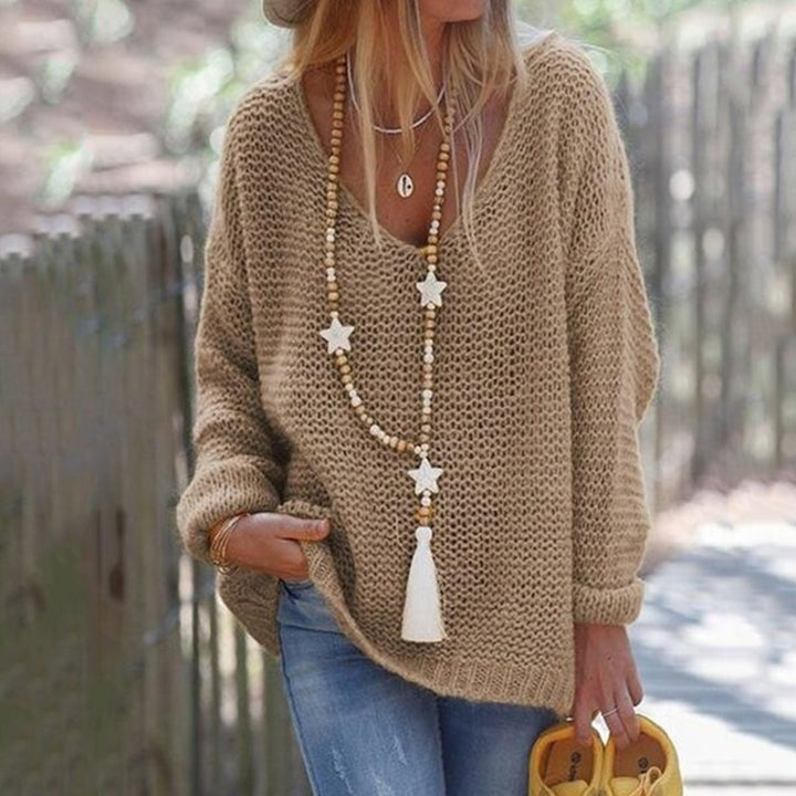 Damen Grobstrick Pullover mit weitem V-Ausschnitt und lässigem Schnitt Drune