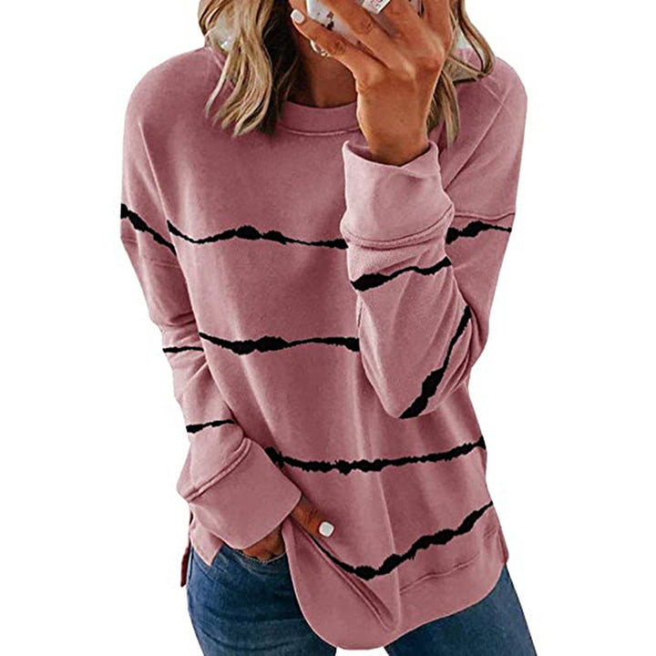 Damen nan lässiges Oversize-Sweatshirt mit wellenförmigem Streifenmuster Rundhals Seitenschlitzen und gerundetem Saum Drune