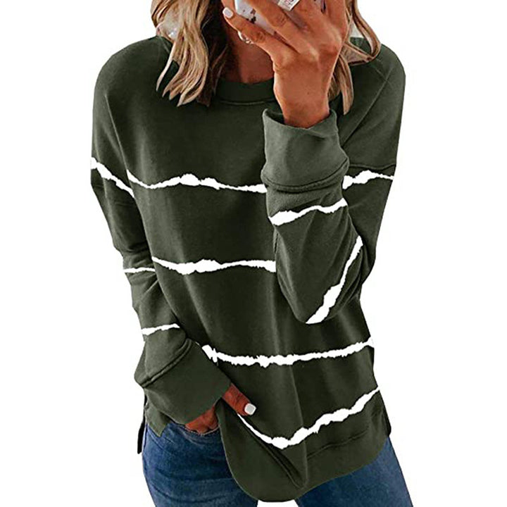 Damen nan lässiges Oversize-Sweatshirt mit wellenförmigem Streifenmuster Rundhals Seitenschlitzen und gerundetem Saum Drune