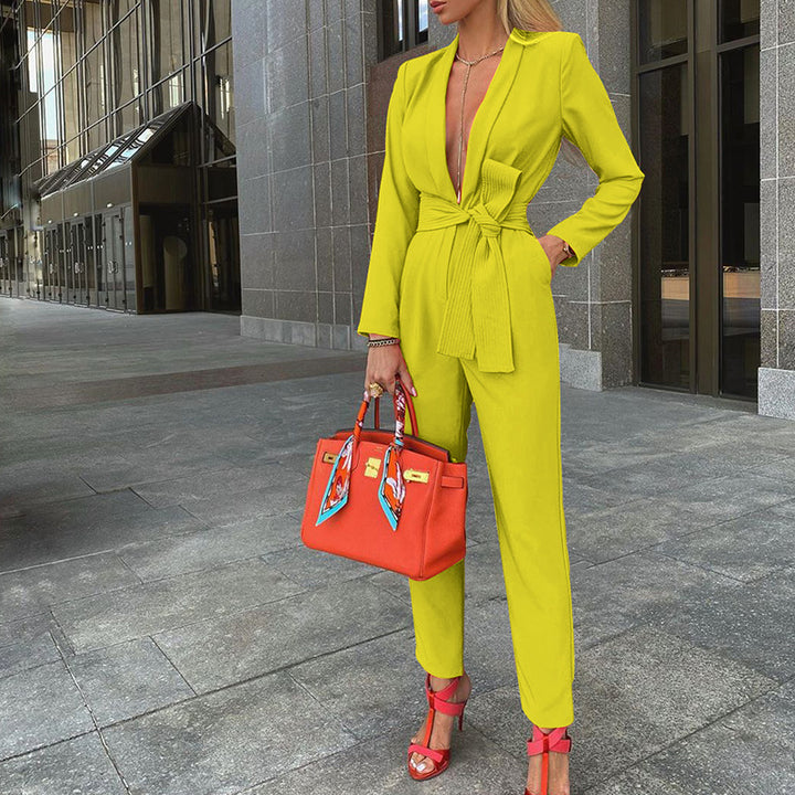 Damen Jumpsuit mit aufgeknöpftem V-Ausschnitt und tailliertem Design Drune