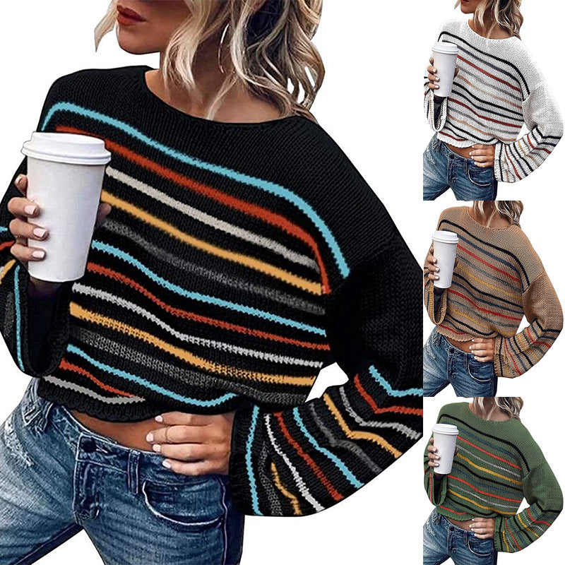Damen lässiger Cropped Pullover mit trendigem Streifenmuster Drune