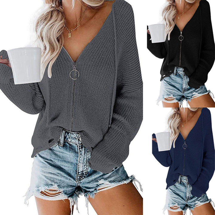 Damen V-Ausschnitt Strickpullover mit durchgehendem Reißverschluss und lässigem Schnitt Drune