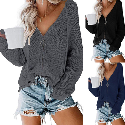 Damen V-Ausschnitt Strickpullover mit durchgehendem Reißverschluss und lässigem Schnitt Drune