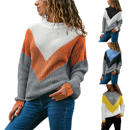 Damen Grobstrick Pullover mit modernem V-Ausschnitt und Farbblockdesign Drune