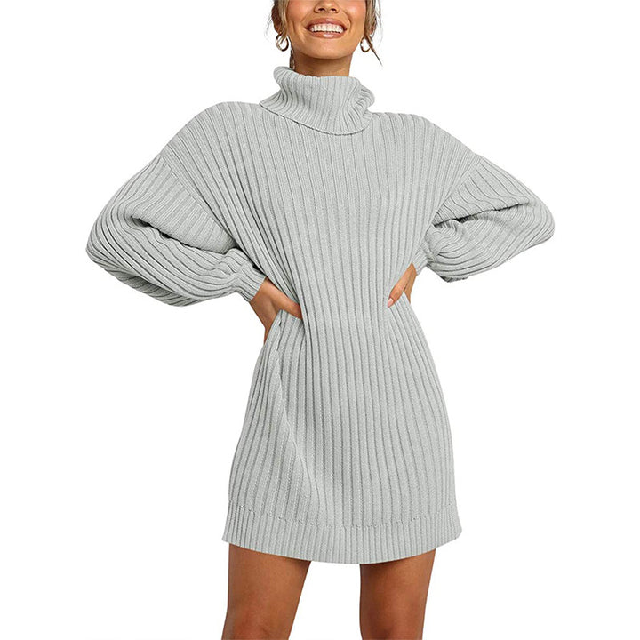 Damen Grobstrick Pulloverkleid mit hohem Kragen und überschnittenen Schultern Drune