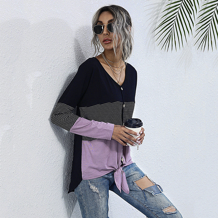 Damen lässige Knopfleisten-Strickjacke mit eleganten Farbblock-Elementen Drune