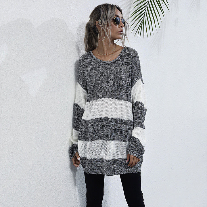 Damen lockerer Strickpullover mit breiten Streifen Drune