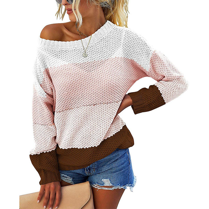 Damen lässiger Blockstreifen Pullover mit weitem Ausschnitt und strukturiertem Gewebe Drune