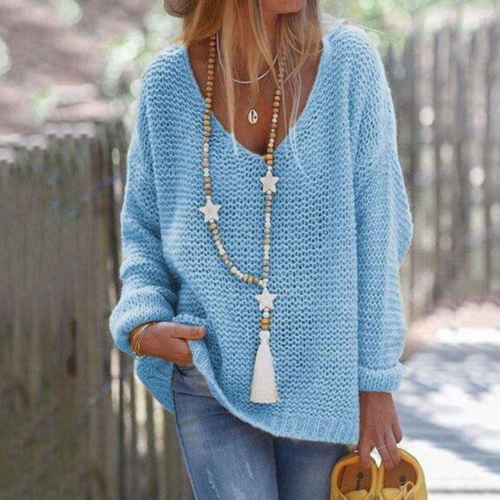 Damen Grobstrick Pullover mit weitem V-Ausschnitt und lässigem Schnitt Drune
