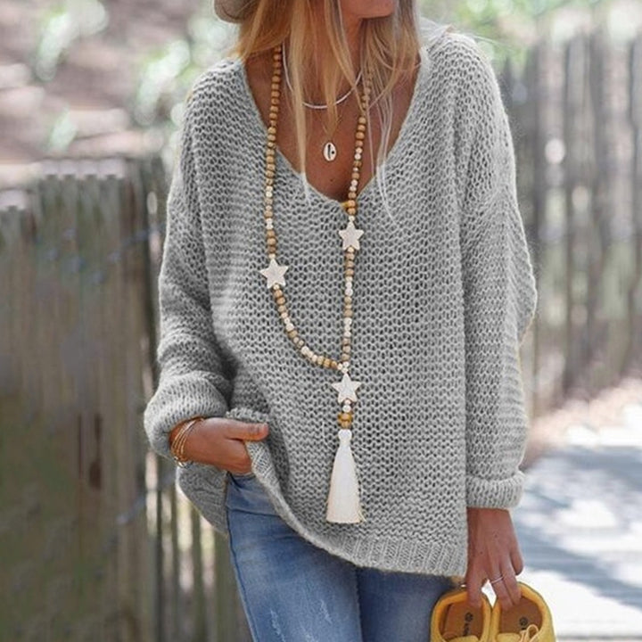 Damen Grobstrick Pullover mit weitem V-Ausschnitt und lässigem Schnitt Drune