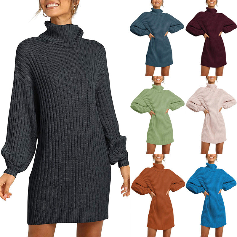 Damen Strickkleid mit hohem Kragen und weit geschnittenen Ärmeln Drune