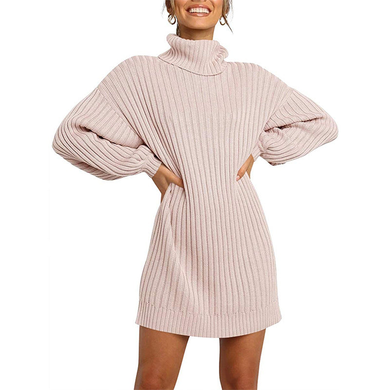 Damen Strickkleid mit hohem Kragen und weit geschnittenen Ärmeln Drune